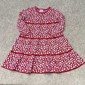 Hanna Andersson Red and White Heart  Print Tiered Sweater Dress Kids Size 110/5/